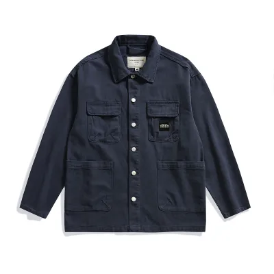 Men's Retro Loose-Fitting Cardigan Shirt with Multiple Pockets Solid Color Long Sleeve Cotton Workwear