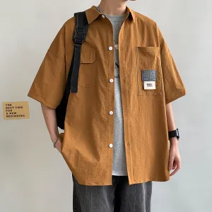 Men Casual Simple Solid Color Lapel Short Sleeve Ice Silk Loose Workwear Shirt