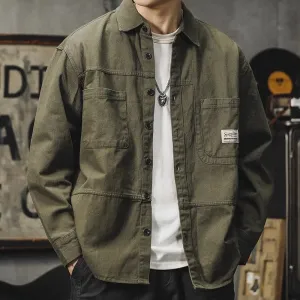 Men Fashion Casual Retro Solid Color Lapel Long-Sleeve Loose Workwear Shirt with Pocket
