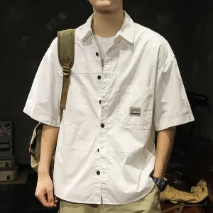 Men Casual Solid Color Lapel Short-Sleeve Workwear Shirt