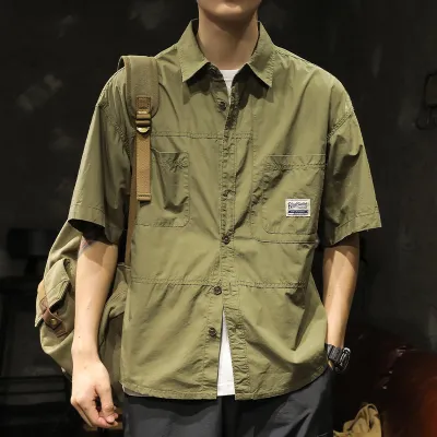 Men Casual Solid Color Lapel Short-Sleeve Workwear Shirt