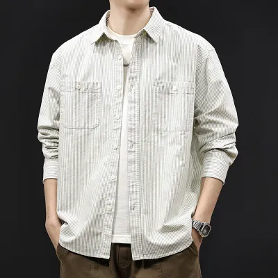 Men Fashion Casual Autumn Stripe Lapel Long-Sleeve Workwear Shirt