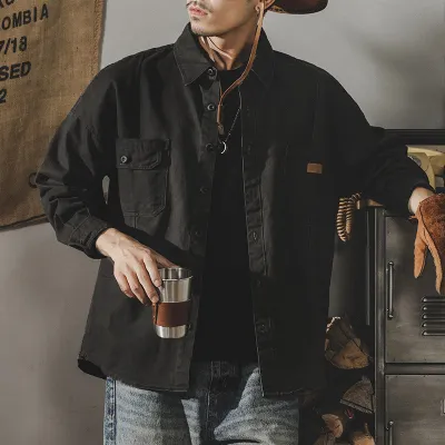 Men Fashion Retro Casual Solid Color Lapel Long Sleeve Loose Workwear Shirt
