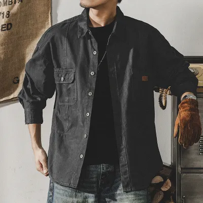 Men Fashion Retro Casual Solid Color Lapel Long Sleeve Loose Workwear Shirt