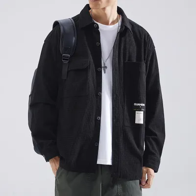 Men Fashion Casual Autumn Winter Solid Color Waffle Lapel Long-Sleeve Loose Workwear Shirt