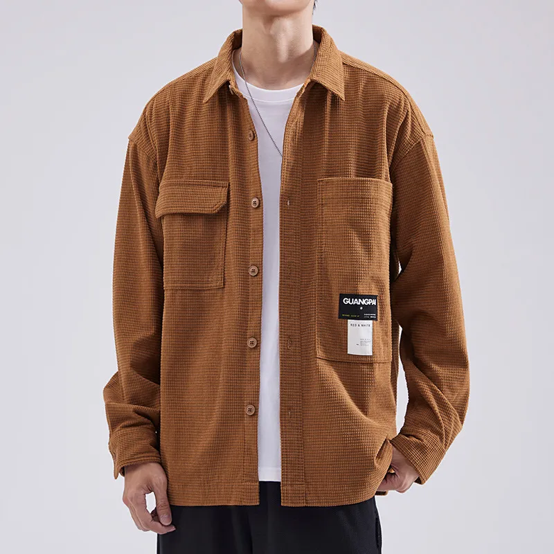 Men Fashion Casual Autumn Winter Solid Color Waffle Lapel Long-Sleeve Loose Workwear Shirt