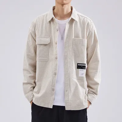 Men Fashion Casual Autumn Winter Solid Color Waffle Lapel Long-Sleeve Loose Workwear Shirt