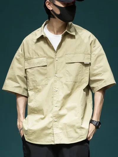 Men Fashion Casual Summer Solid Color Lapel Short-Sleeve Loose Workwear Shirt
