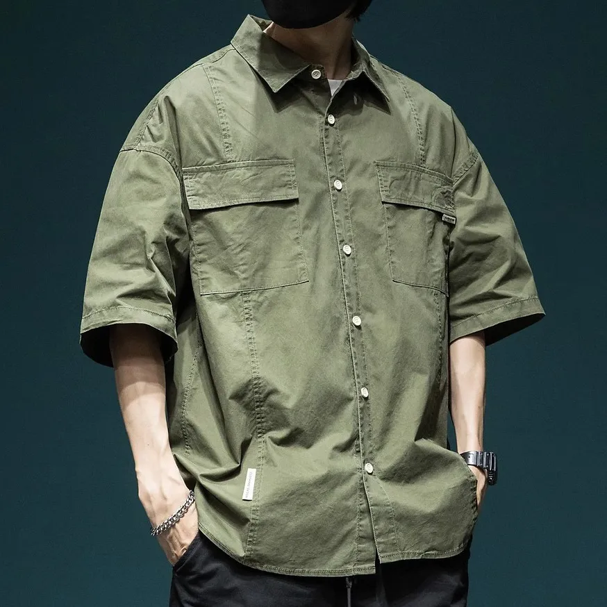 Men Fashion Casual Summer Solid Color Lapel Short-Sleeve Loose Workwear Shirt