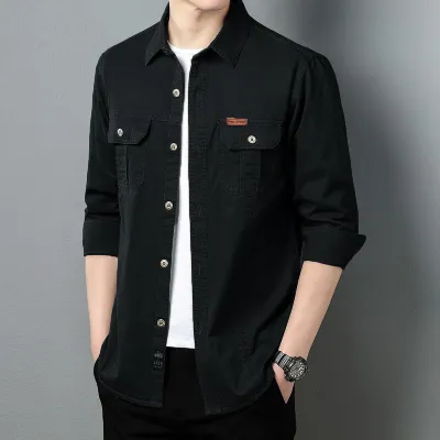 Men's Fashion Casual Solid Color Lapel Long-Sleeve Workwear Shirt with Pocket
