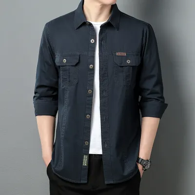 Men's Fashion Casual Solid Color Lapel Long-Sleeve Workwear Shirt with Pocket