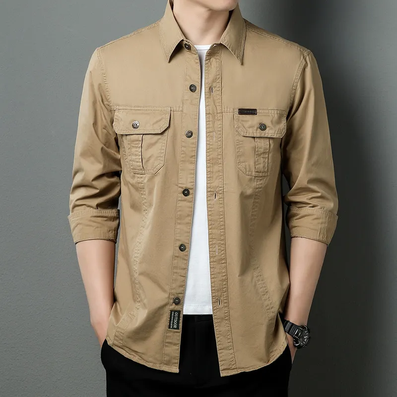 Men's Fashion Casual Solid Color Lapel Long-Sleeve Workwear Shirt with Pocket
