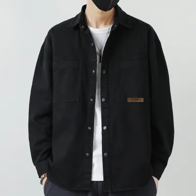 Men's Fashion Casual Solid Color Lapel Long-Sleeve Loose Workwear Cardigan Shirt with Pocket
