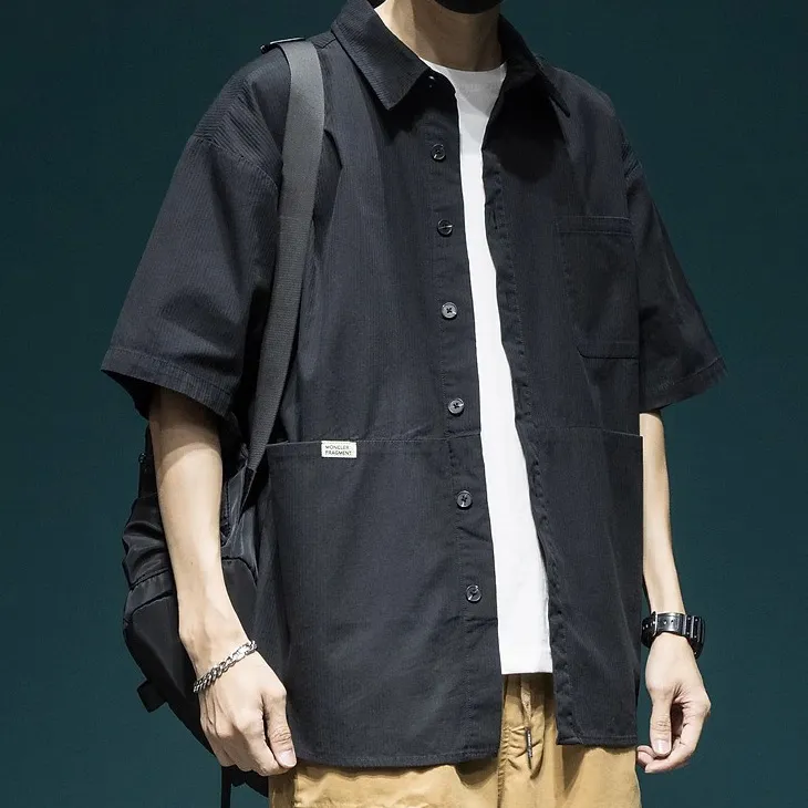 Men Fashion Casual Solid Color Lapel Short Sleeve Loose Fit Workwear Shirt