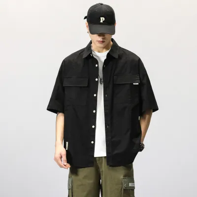 Men Fashion Solid Color Lapel Short Sleeve Workwear Shirt