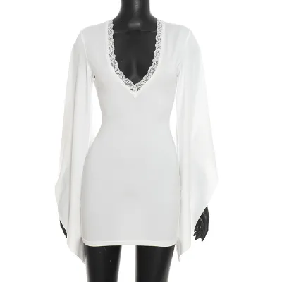 Autumn Women Sexy Solid Color Lace Stitching Large Trumpet Long Sleeve Mini Dress