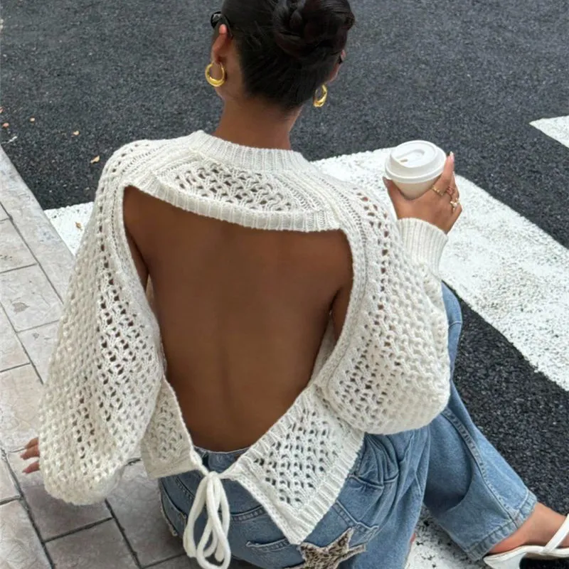 Autumn Women Fashion Backless Hollow Knitted Sweater