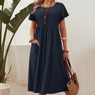 Women Casual Solid Color Short Sleeve A- Line Dress