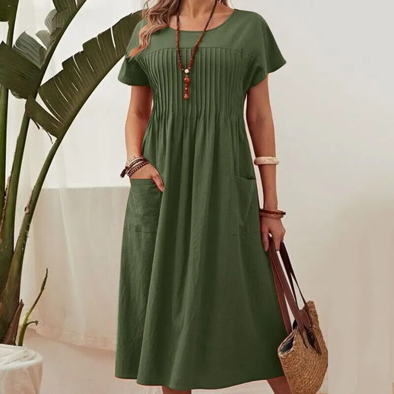 Women Casual Solid Color Short Sleeve A- Line Dress
