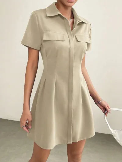 Women'S Casual Lapel Single-Breasted Office A- Line Dress