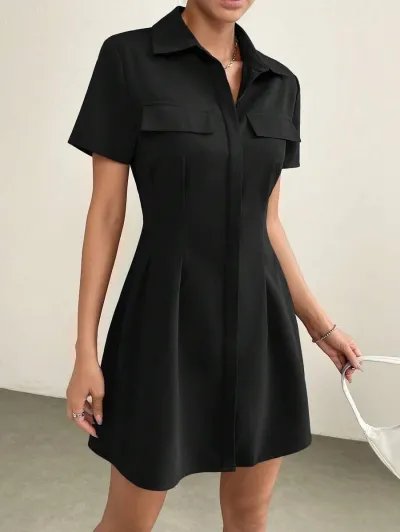 Women'S Casual Lapel Single-Breasted Office A- Line Dress
