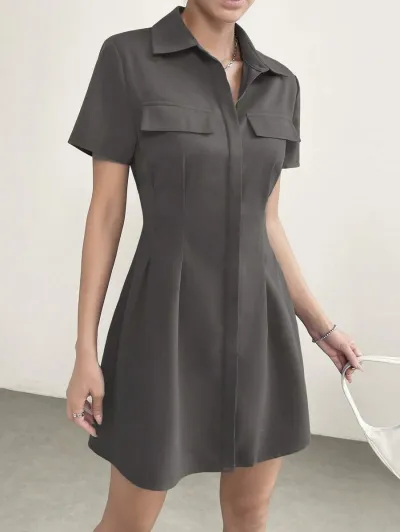 Women'S Casual Lapel Single-Breasted Office A- Line Dress
