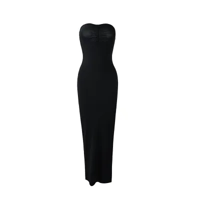 Women Sexy Solid Color Strapless Side Split Maxi Dress