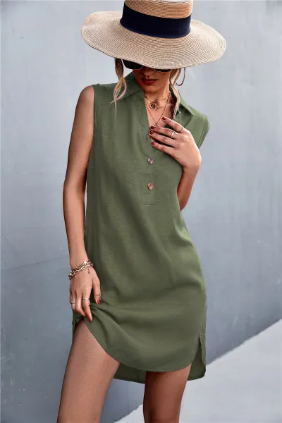 Women'S Casual V-Neck Button Sleeveless Dress