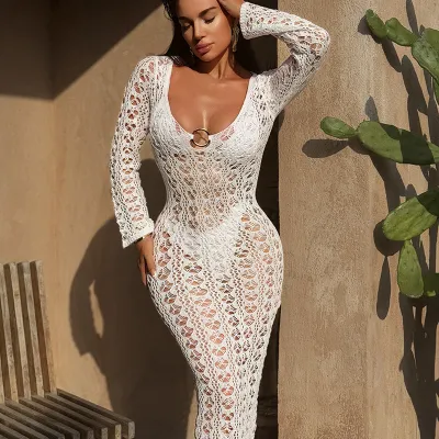 Vacation Women'S Sexy Hollow Knit Backless Metal Ring Strap Beach Cover-ups Dress
