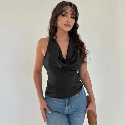 Women Fashion Sexy Backless Solid Color Cowl Neck Top