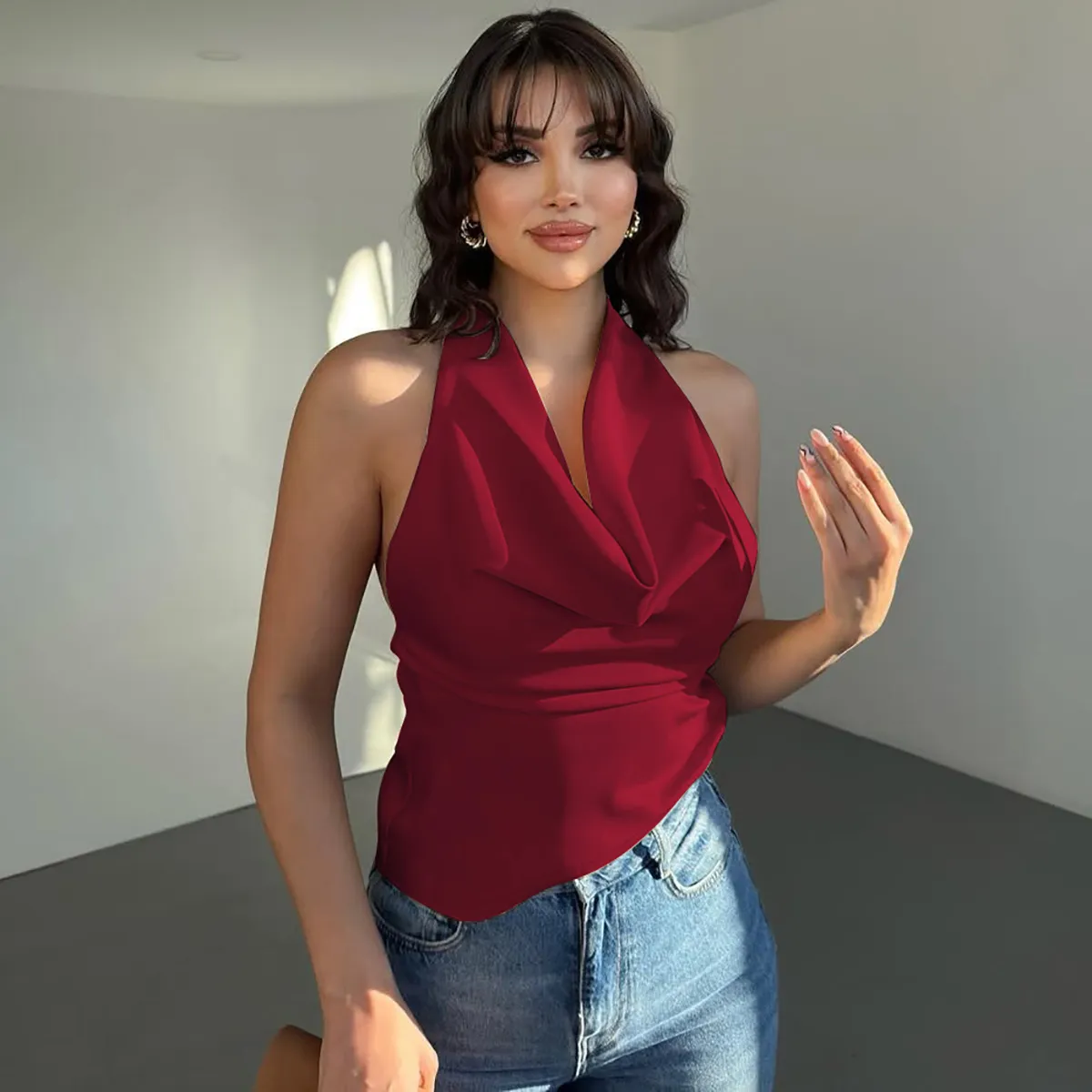 Women Fashion Sexy Backless Solid Color Cowl Neck Top