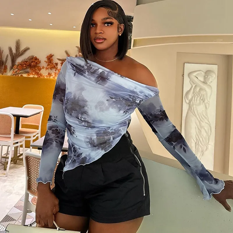 Women'S Fashion Printed Shoulder Long Sleeve Irregular Hem T-Shirt