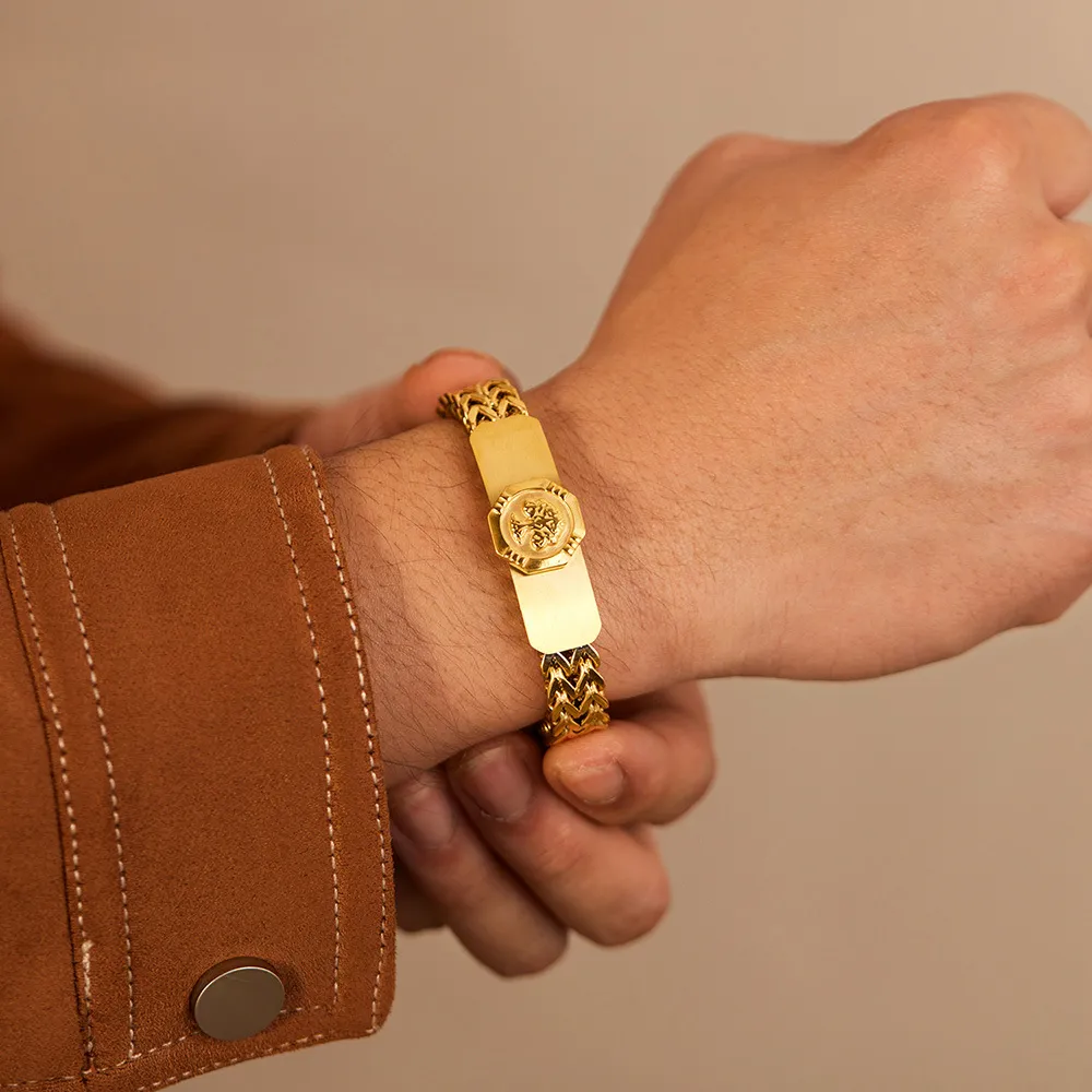 Men Fashion Personality Hip Hop Titanium Steel Gold Plated Life Tree Bracelet