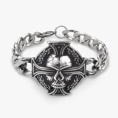Men'S Fashion Stainless Steel Cuban Cross Skull Bracelet