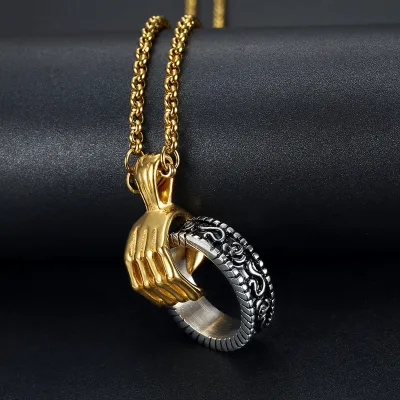 Men'S Fashion Retro Skull Hand Ring Pendant Hip-Hop Stainless Steel Necklace