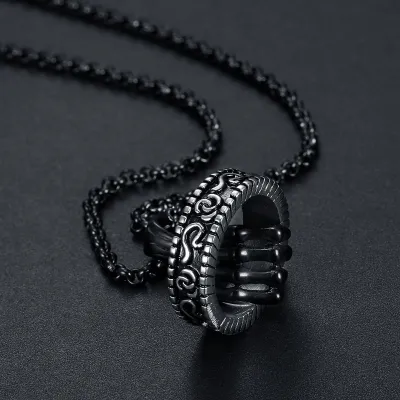 Men'S Fashion Retro Skull Hand Ring Pendant Hip-Hop Stainless Steel Necklace