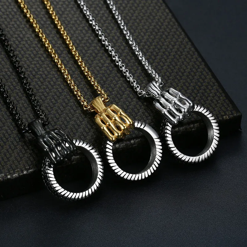 Men'S Fashion Retro Skull Hand Ring Pendant Hip-Hop Stainless Steel Necklace
