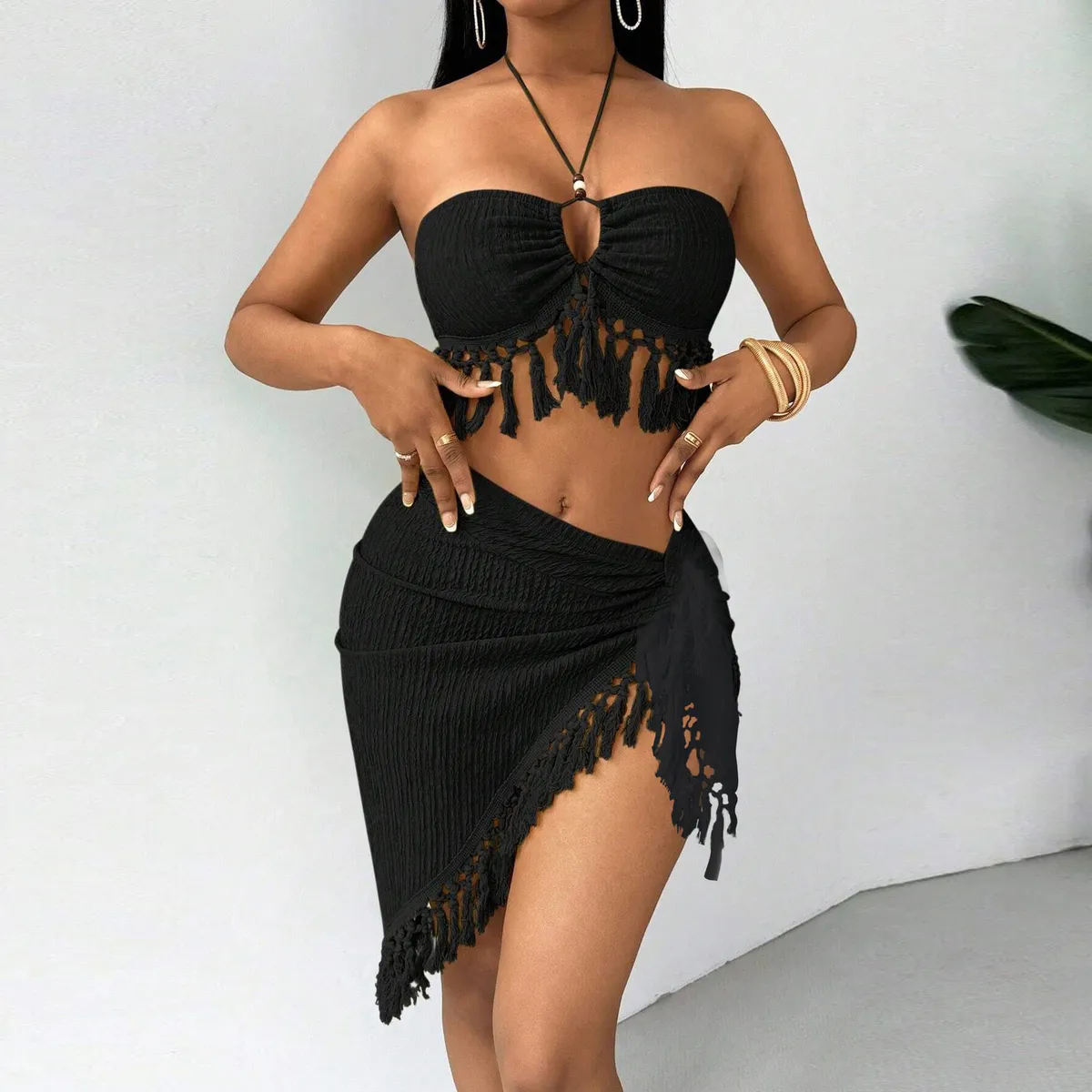 Women'S Fashion Tassel Bikini Three Piece Set