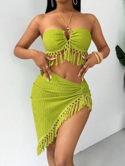 Women'S Fashion Tassel Bikini Three Piece Set