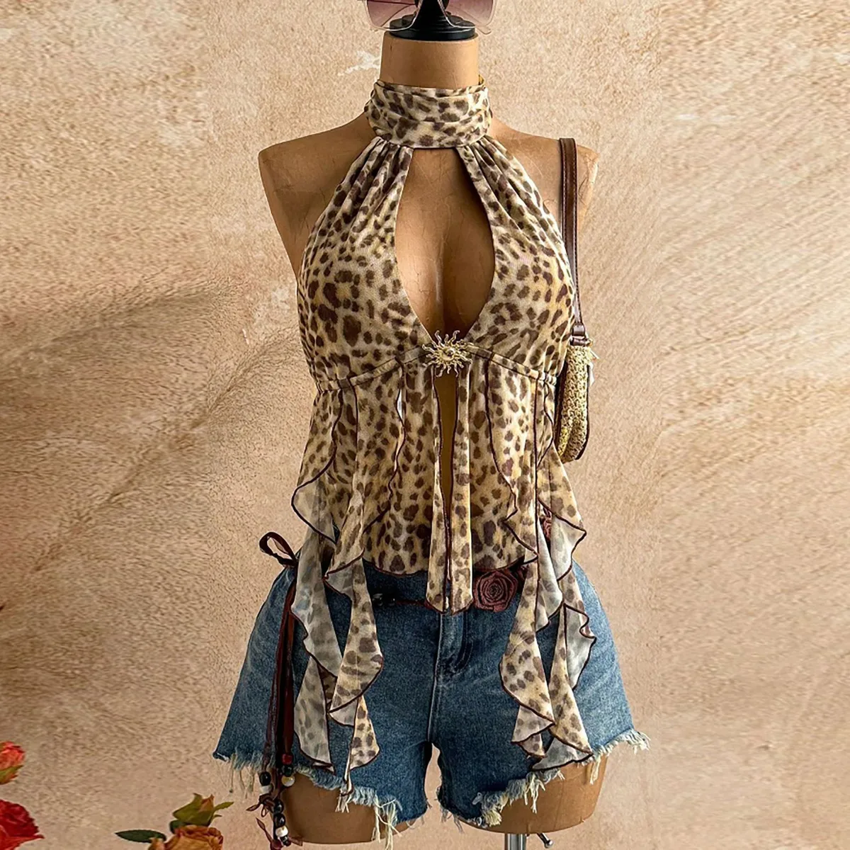 Women Fashion Leopard Irregular Hem Hanging Neck Hollow Tanks