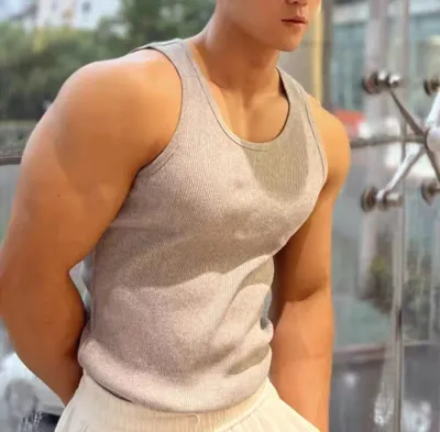 Men Fashion Casual Simple Summer Solid Color Threaded Slim-Fit Tank Top