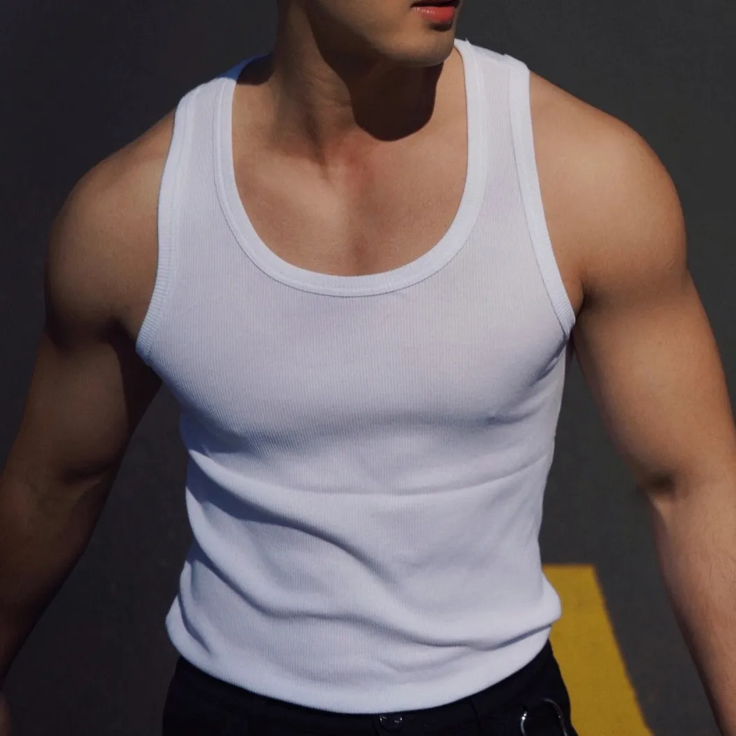 Men Fashion Casual Simple Summer Solid Color Threaded Slim-Fit Tank Top