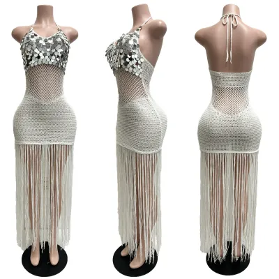 Women Fashion Sexy Summer Solid Color Irregular Knitted Perspective Sequins Tassel Strap Dress