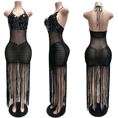 Women Fashion Sexy Summer Solid Color Irregular Knitted Perspective Sequins Tassel Strap Dress
