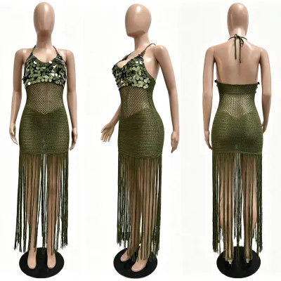 Women Fashion Sexy Summer Solid Color Irregular Knitted Perspective Sequins Tassel Strap Dress