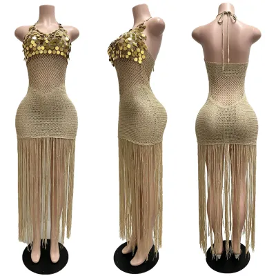 Women Fashion Sexy Summer Solid Color Irregular Knitted Perspective Sequins Tassel Strap Dress