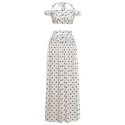 Women Fashion Sexy Summer Polka Dot Print Backless Crop Top Maxi Skirt Two-Piece Set