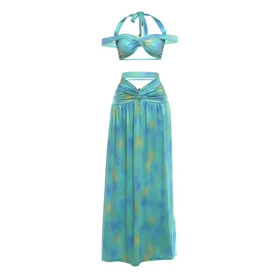 Women Fashion Sexy Summer Polka Dot Print Backless Crop Top Maxi Skirt Two-Piece Set