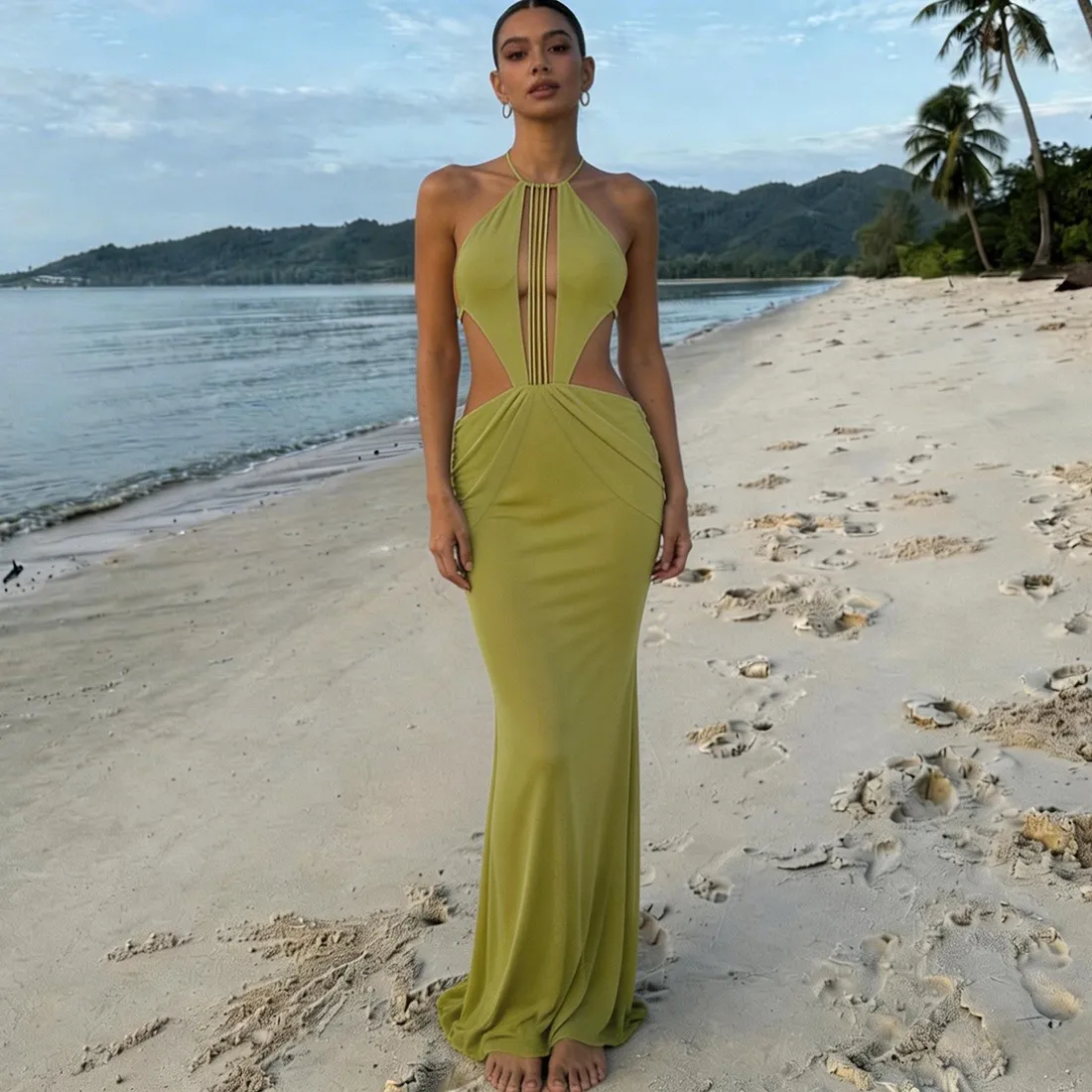 Women Fashion Sexy Solid Color Halter-Neck Backless Dress
