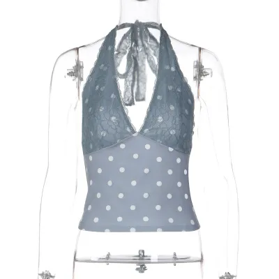 Women Fashion Sexy Neck Polka Dot Print Crop Top Tanks